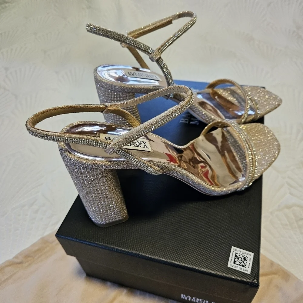 BLADGLY MISCHKA Fiery Pale Gold Bejeweled Block Heel Sandal NIB